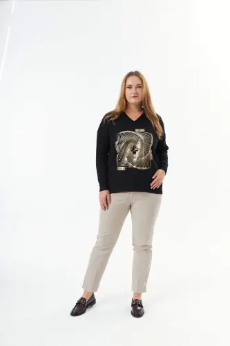 Plus Size V-Neck Cashmere Blend Patterned Knit Sweater Black - 4