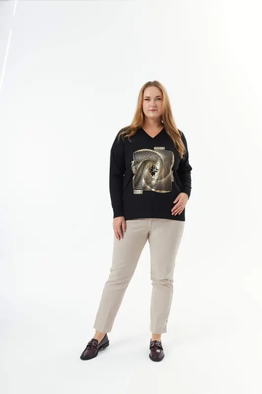 Plus Size V-Neck Cashmere Blend Patterned Knit Sweater Black - 4