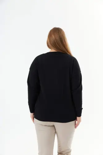 Plus Size V-Neck Cashmere Blend Patterned Knit Sweater Black - 5