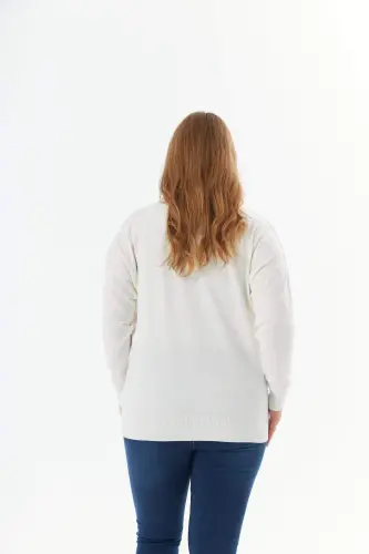 Plus Size V-Neck Cashmere Blend Patterned Knit Sweater Ecru - 9