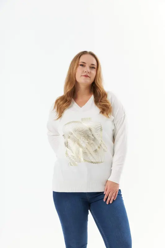 Plus Size V-Neck Cashmere Blend Patterned Knit Sweater Ecru - BÜYÜKBEDENIZ