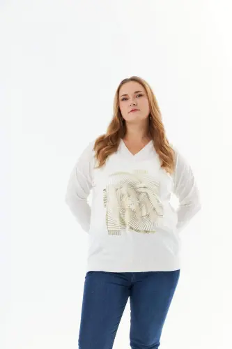 Plus Size V-Neck Cashmere Blend Patterned Knit Sweater Ecru - BÜYÜKBEDENIZ (1)