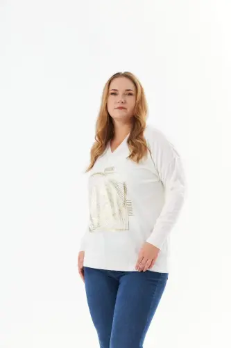 Plus Size V-Neck Cashmere Blend Patterned Knit Sweater Ecru - 3