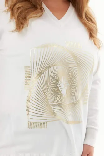 Plus Size V-Neck Cashmere Blend Patterned Knit Sweater Ecru - 4