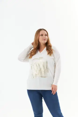 Plus Size V-Neck Cashmere Blend Patterned Knit Sweater Ecru - 5
