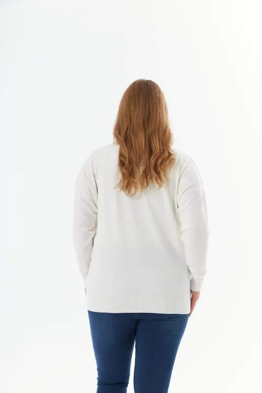 Plus Size V-Neck Cashmere Blend Patterned Knit Sweater Ecru - 7