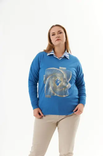 Plus Size V-Neck Cashmere Blend Patterned Knit Sweater Indigo - 1