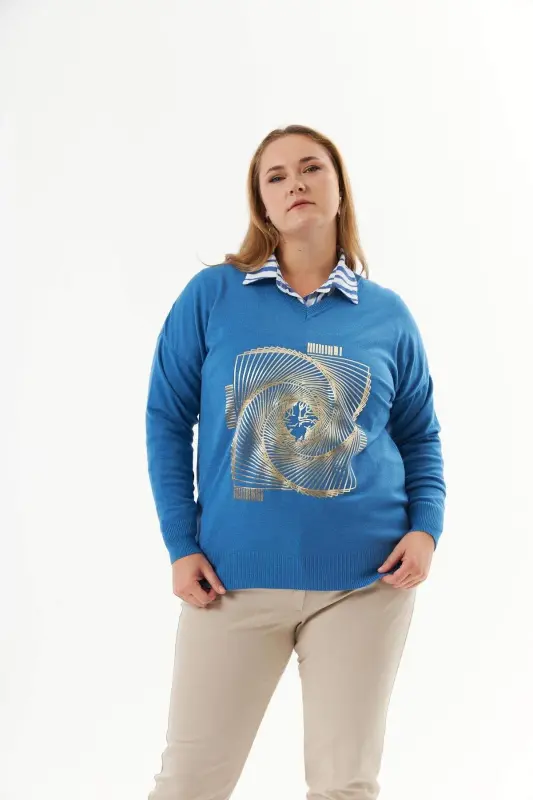 Plus Size V-Neck Cashmere Blend Patterned Knit Sweater Indigo - 1