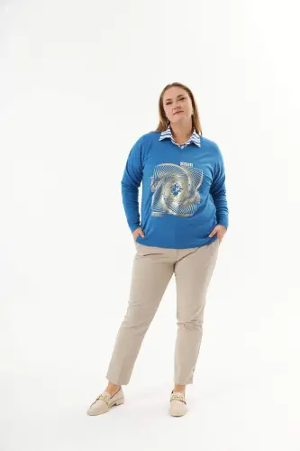 Plus Size V-Neck Cashmere Blend Patterned Knit Sweater Indigo - BÜYÜKBEDENIZ (1)