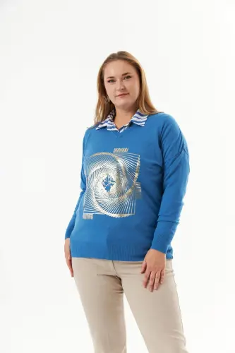 Plus Size V-Neck Cashmere Blend Patterned Knit Sweater Indigo - 3