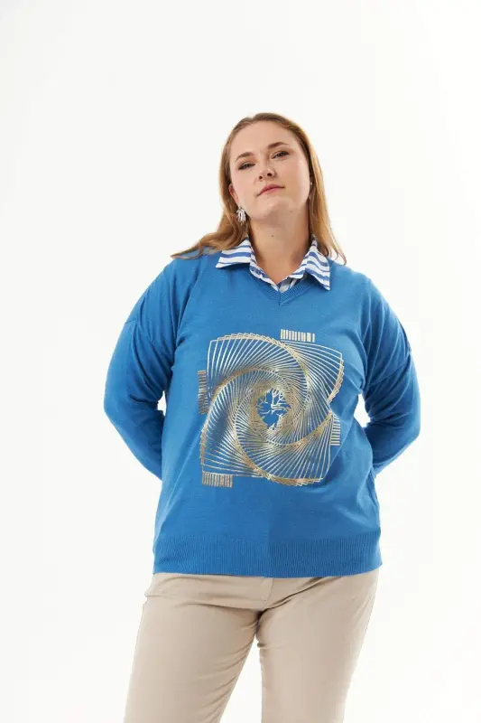 Plus Size V-Neck Cashmere Blend Patterned Knit Sweater Indigo - 4