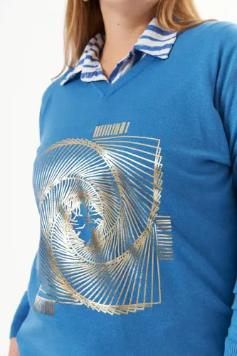 Plus Size V-Neck Cashmere Blend Patterned Knit Sweater Indigo - 5