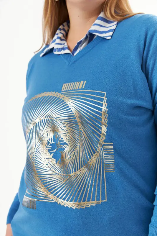 Plus Size V-Neck Cashmere Blend Patterned Knit Sweater Indigo - 5