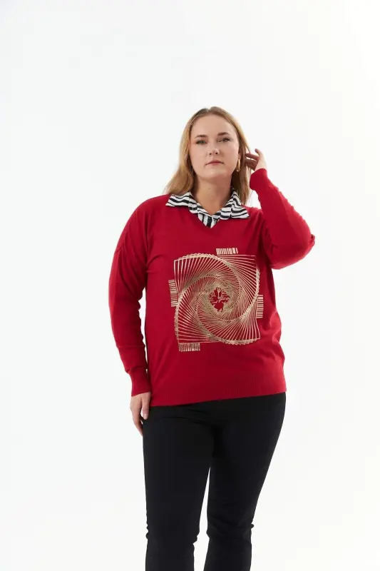 Plus Size V-Neck Cashmere Blend Patterned Knit Sweater Red - 1