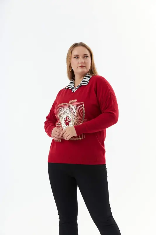 Plus Size V-Neck Cashmere Blend Patterned Knit Sweater Red - 2