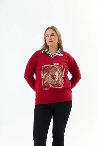 Plus Size V-Neck Cashmere Blend Patterned Knit Sweater Red - 3