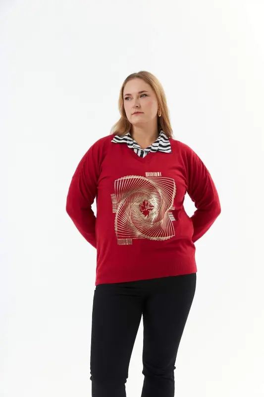 Plus Size V-Neck Cashmere Blend Patterned Knit Sweater Red - 3