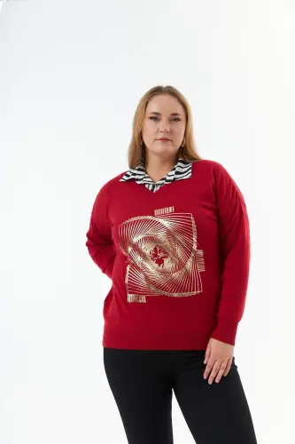 Plus Size V-Neck Cashmere Blend Patterned Knit Sweater Red - 4