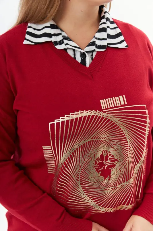 Plus Size V-Neck Cashmere Blend Patterned Knit Sweater Red - 5