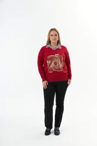 Plus Size V-Neck Cashmere Blend Patterned Knit Sweater Red - 6