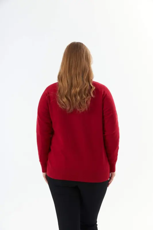 Plus Size V-Neck Cashmere Blend Patterned Knit Sweater Red - 7