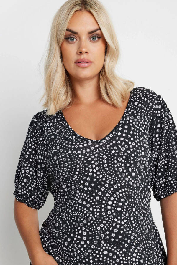 Plus Size V-Neck Elastic Sleeve Printed Short Dress 137992 - 2