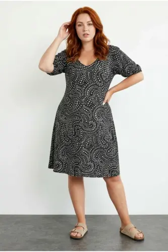 Plus Size V-Neck Elastic Sleeve Printed Short Dress 137992 - 1