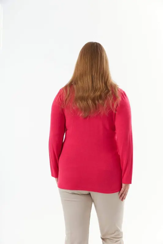 Plus Size V Neck Knit Blouse Fuchsia - 8