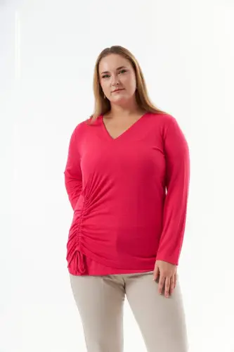 Plus Size V Neck Knit Blouse Fuchsia - 1
