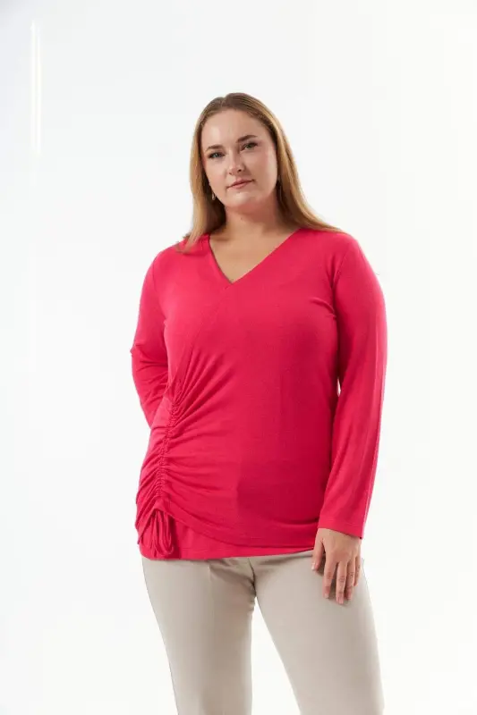 Plus Size V Neck Knit Blouse Fuchsia - 1