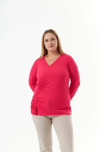 Plus Size V Neck Knit Blouse Fuchsia - BÜYÜKBEDENIZ (1)