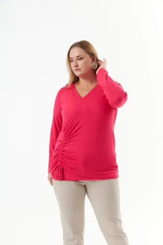 Plus Size V Neck Knit Blouse Fuchsia - 3