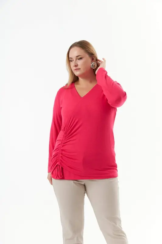 Plus Size V Neck Knit Blouse Fuchsia - 3