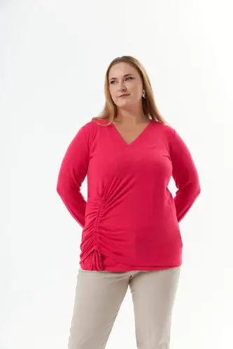 Plus Size V Neck Knit Blouse Fuchsia - 4