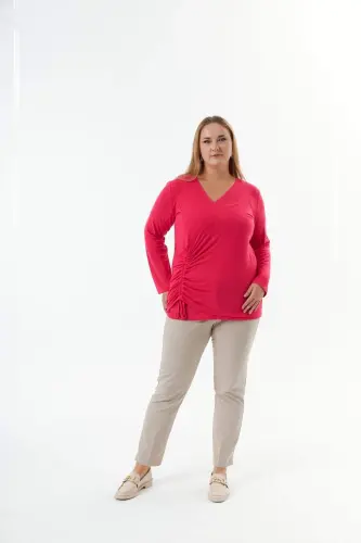 Plus Size V Neck Knit Blouse Fuchsia - 6