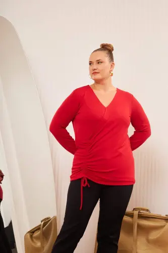 Plus Size V Neck Knit Blouse Red - 1