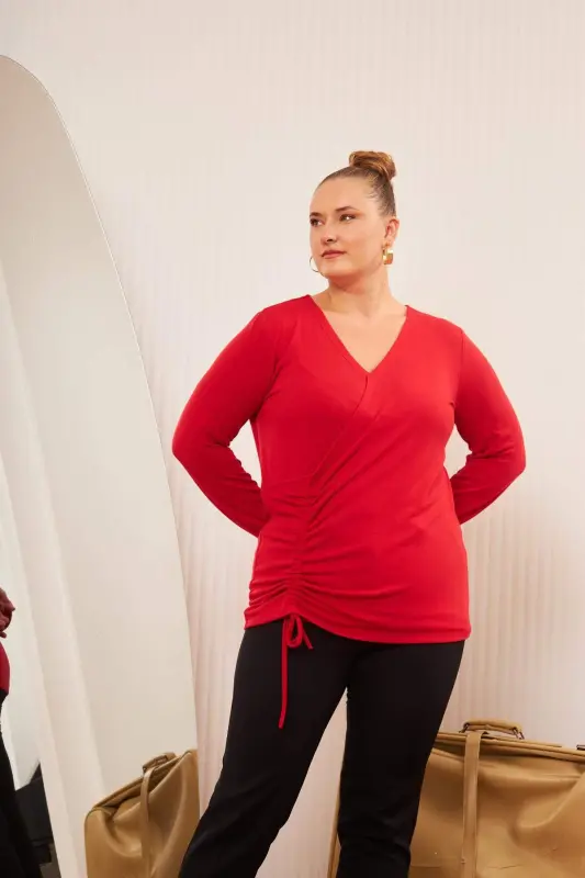 Plus Size V Neck Knit Blouse Red - BÜYÜKBEDENIZ