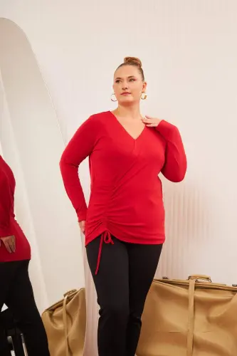 Plus Size V Neck Knit Blouse Red - BÜYÜKBEDENIZ (1)