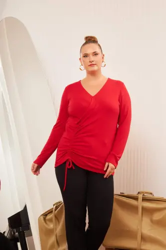 Plus Size V Neck Knit Blouse Red - 3