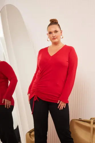 Plus Size V Neck Knit Blouse Red - 5