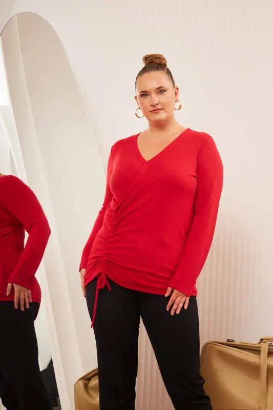 Plus Size V Neck Knit Blouse Red - 5