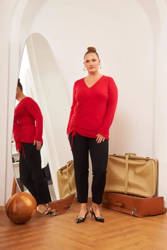 Plus Size V Neck Knit Blouse Red - 6