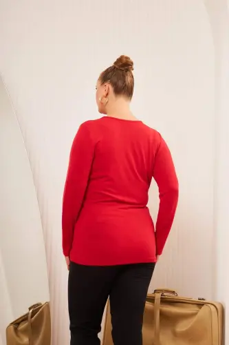Plus Size V Neck Knit Blouse Red - 7