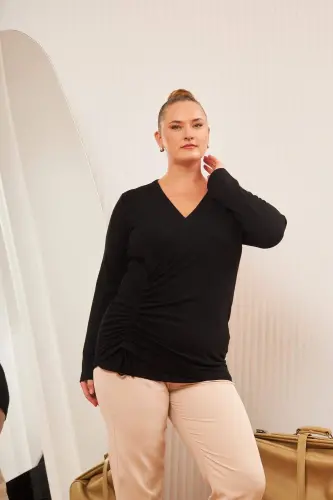 Plus Size V Neck Ruched Blouse Black - 1