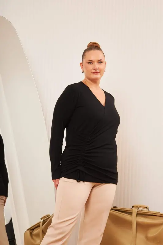Plus Size V Neck Ruched Blouse Black - 2