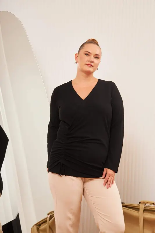 Plus Size V Neck Ruched Blouse Black - 3