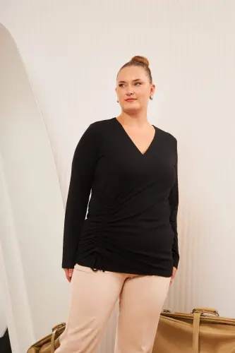 Plus Size V Neck Ruched Blouse Black - 4