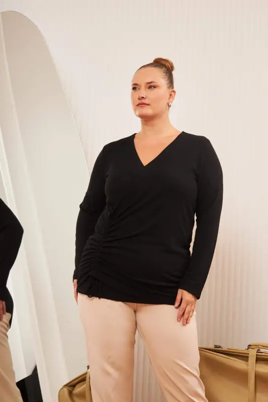 Plus Size V Neck Ruched Blouse Black - 5