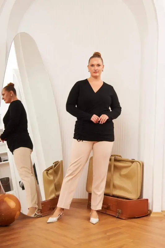 Plus Size V Neck Ruched Blouse Black - 6