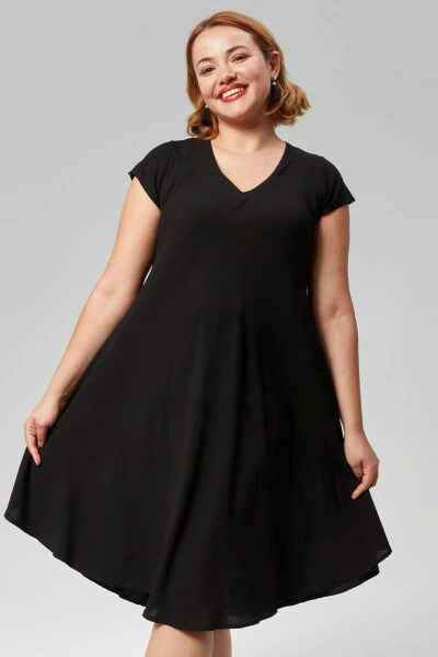 Plus Size V-Neck Short Sleeve Woven Viscon Comfort Dress Solid Black - 1